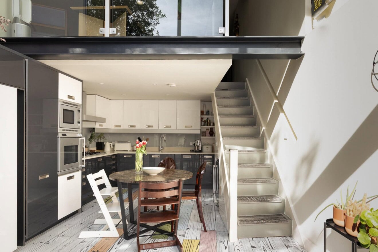 Modern kitchen and dining area in a London home on Hornsey Lane, Highgate.
