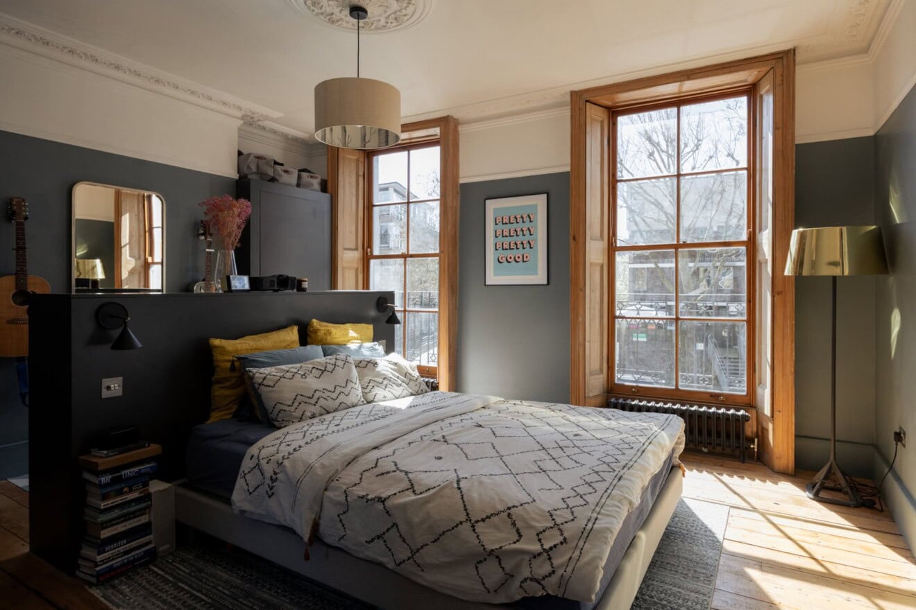 Bright bedroom with large windows and modern decor in Canonbury, London.